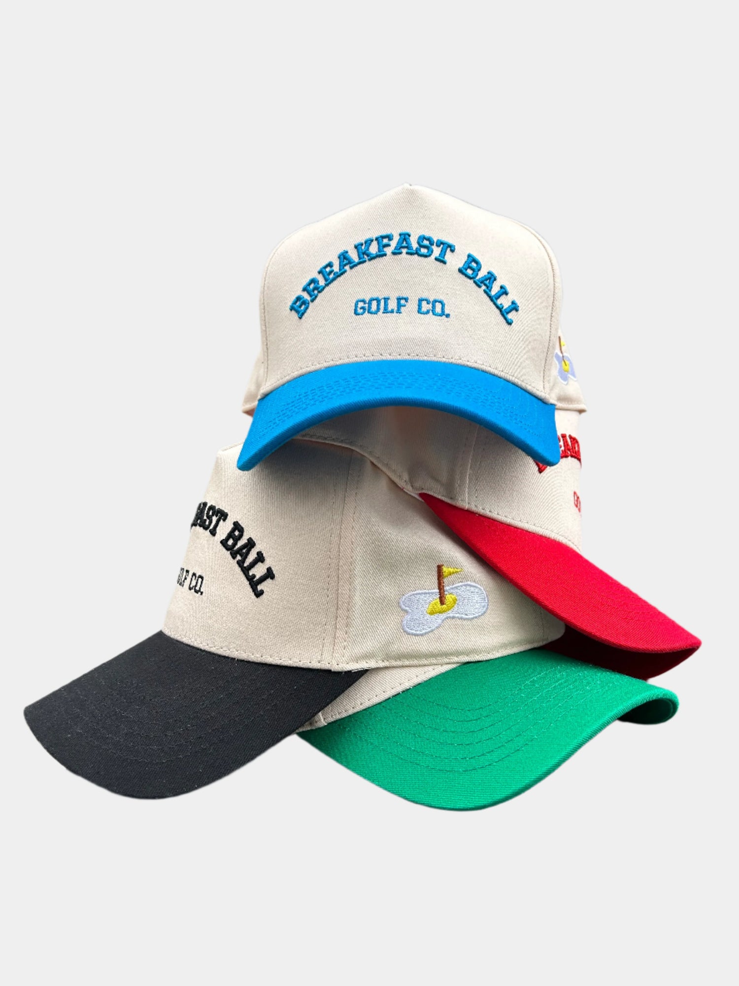 breakfast ball golf hats stack